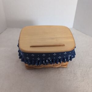 VINTAGE ‘96 Longaberger Basket Recipe Box Wood Lid & Blue Liner